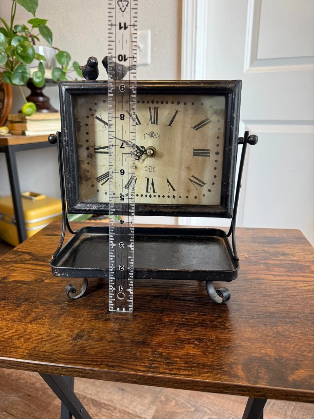 Vintage Style Black Metal Mantel Clock with Birds & Display Tray